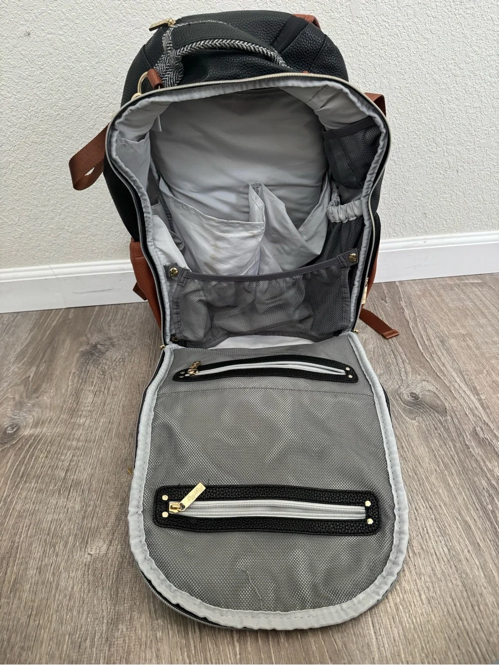 Itzy Ritzy Black White Brown Herringbone Diaper Backpack Set